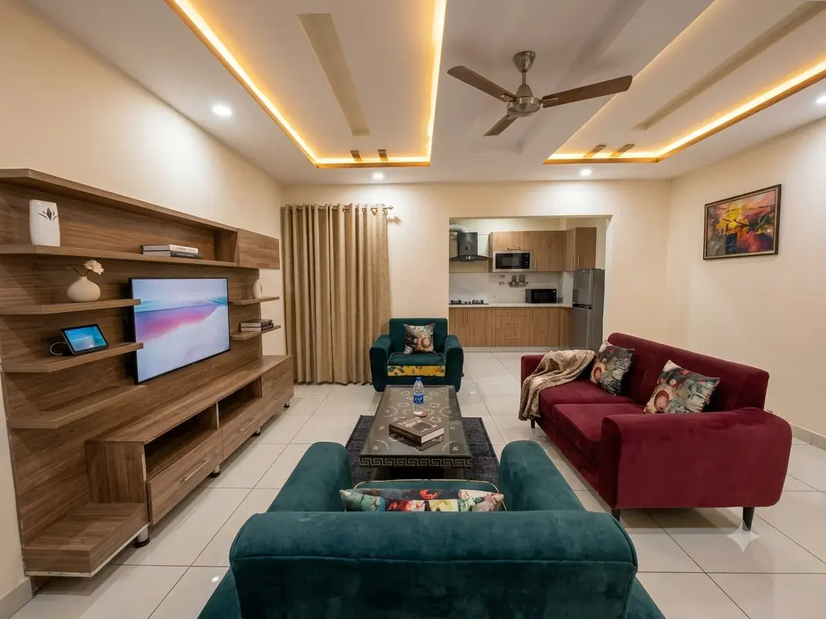 2 bed apartment lounge and kitchen for rent in Bahria Town Rawalpindi